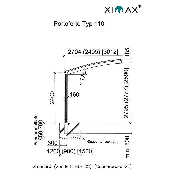 Ximax Carport Portoforte 110 - Außenmaß inkl. Dachüberstand (B x T): 2,7 x 4,95 m, Einzelcarport, Mattbraun, Schneelast: 137 kg/m² - Skizze