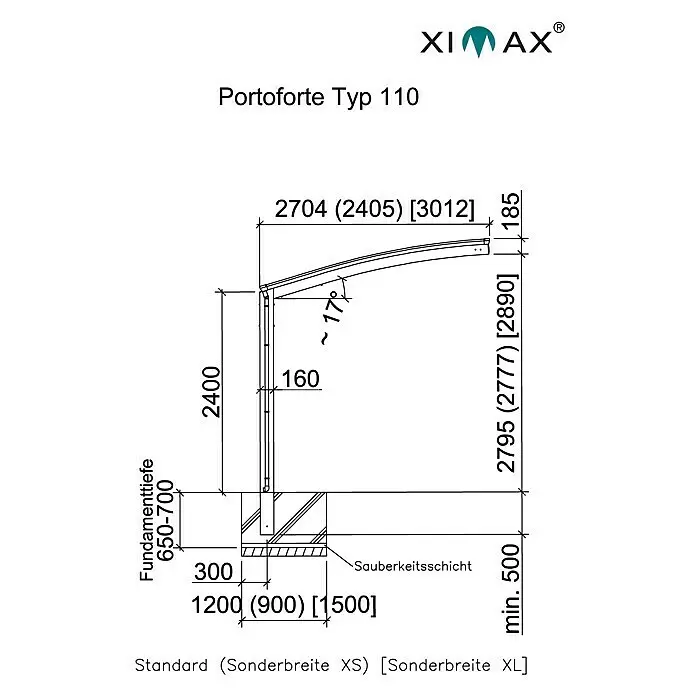 Ximax Carport Portoforte 110 - Außenmaß inkl. Dachüberstand (B x T): 2,7 x 4,95 m, Einzelcarport, Mattbraun, Schneelast: 137 kg/m² - Skizze
