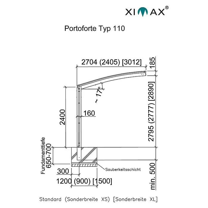 Ximax Carport Portoforte 110 - Außenmaß inkl. Dachüberstand (B x T): 2,7 x 4,95 m, Einzelcarport, Edelstahloptik, Schneelast: 137 kg/m² - Technische Zeichnung des Portoforte Typ 110 mit Maßen.