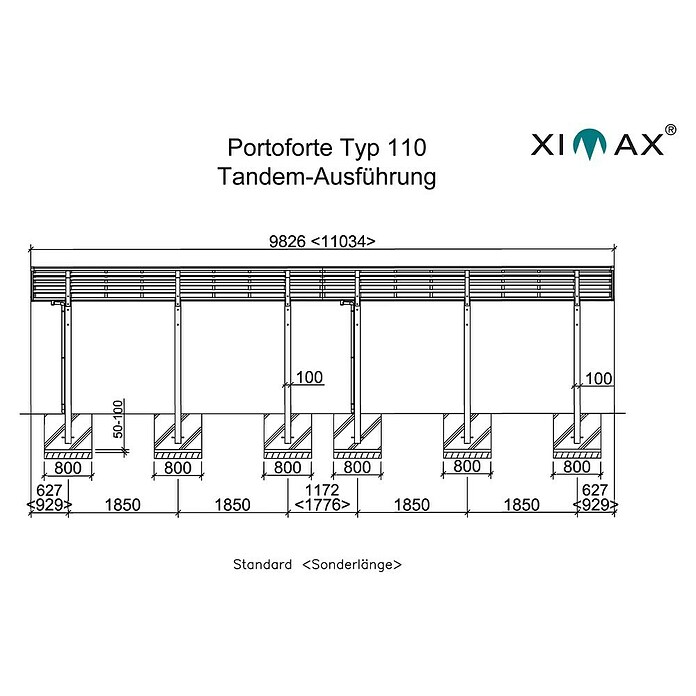 Ximax Carport Portoforte Tandem 110 (9,8 x 2,7 m, Einfahrtshöhe: Max. 2,2 m, Mattbraun, Schneelast: 137 kg/m²)