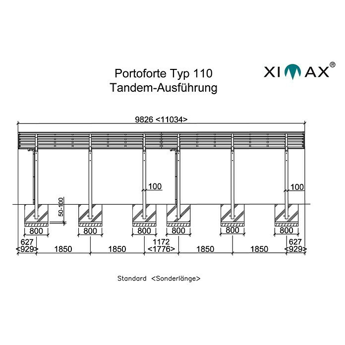 Ximax Carport Portoforte Tandem 110 (9,8 x 2,7 m, Einfahrtshöhe: Max. 2,2 m, Edelstahloptik, Schneelast: 137 kg/m²)