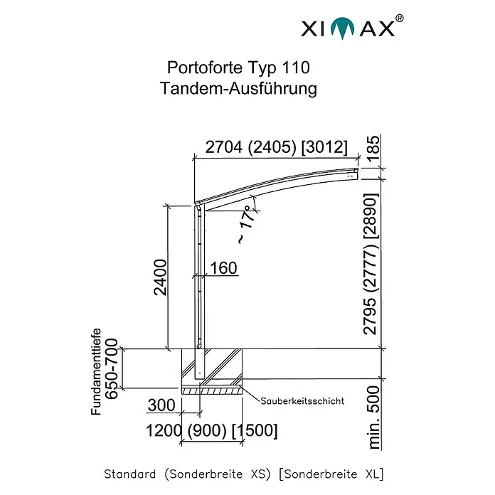 Ximax Carport Portoforte Tandem 110 - Außenmaß inkl. Dachüberstand (B x T): 2,7 x 9,83 m, Doppelcarport, Edelstahloptik, Schneelast: 137 kg/m² - Skizze