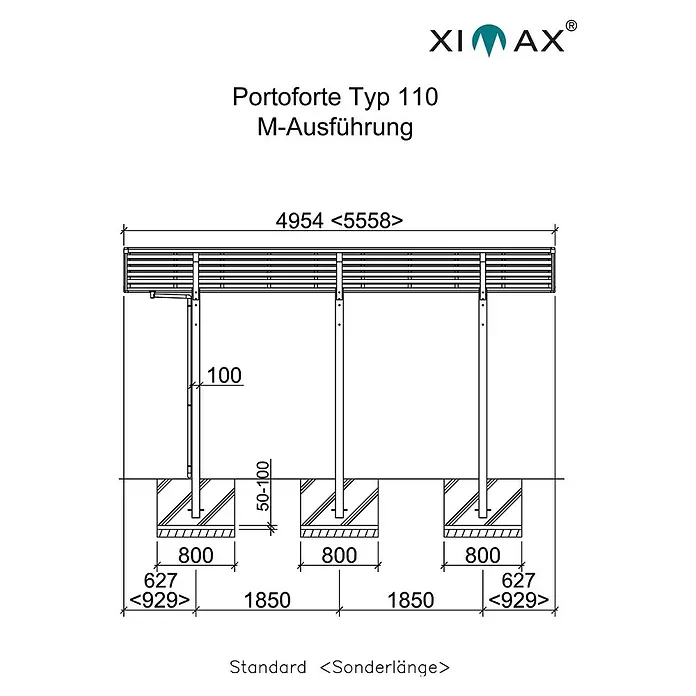 Ximax Carport Portoforte M 110 - Außenmaß inkl. Dachüberstand (B x T): 5,42 x 4,95 m, Doppelcarport, Mattbraun, Schneelast: 137 kg/m² - Skizze