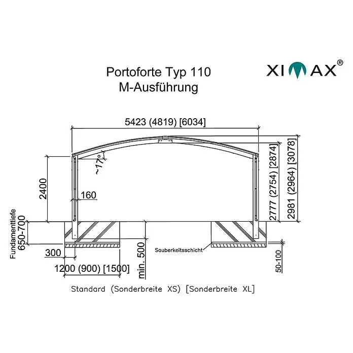 Ximax Carport Portoforte M 110 - Außenmaß inkl. Dachüberstand (B x T): 5,42 x 4,95 m, Doppelcarport, Mattbraun, Schneelast: 137 kg/m² - Technische Zeichnung des Portoforte Typ 110 M-Ausführung mit Maßangaben zu Fundamenttiefe, Höhe und Breite für Standard, XS und XL.