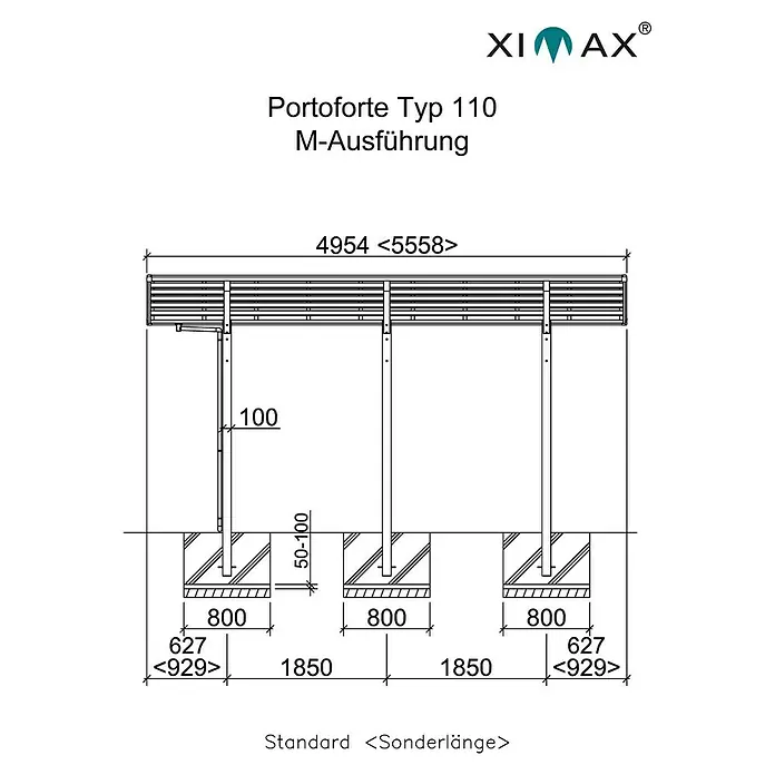 Ximax Carport Portoforte M 110 - Außenmaß inkl. Dachüberstand (B x T): 5,42 x 4,95 m, Doppelcarport, Edelstahloptik, Schneelast: 137 kg/m² - Abbildung des Portofortes Typ 110 M-Ausführung mit Maßangaben, die die Abmessungen und das Design des Produkts hervorheben.