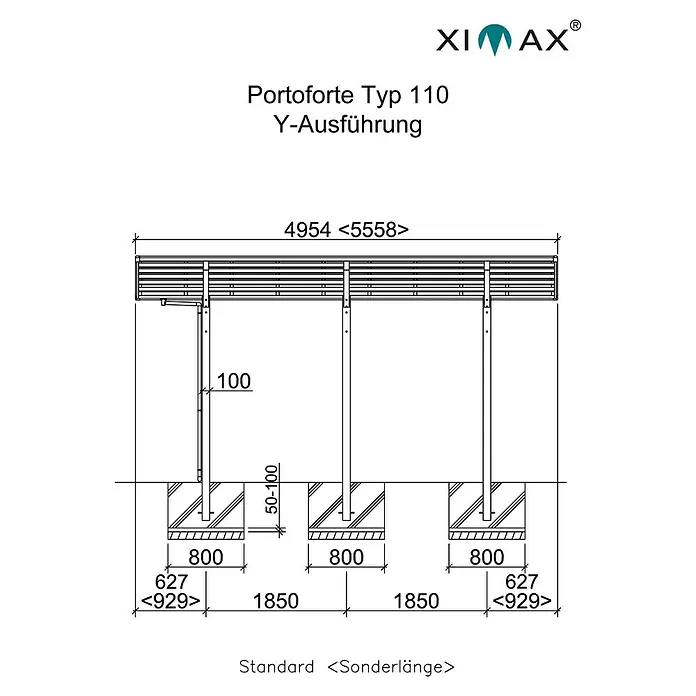 Ximax Carport Portoforte Y 110 - Außenmaß inkl. Dachüberstand (B x T): 5,43 x 4,95 m, Doppelcarport, Mattbraun, Schneelast: 137 kg/m² - Darstellung eines Portoforte Typ 110 Y-Ausführung Produkts mit Maßangaben, ideal für technische Dokumentationen und Produktinformationen.