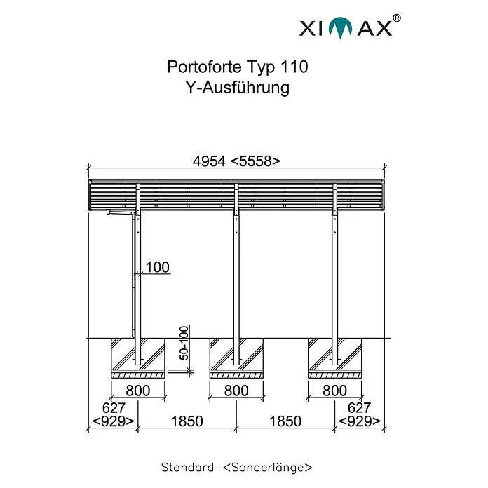 Ximax Carport Portoforte Y 110 - Außenmaß inkl. Dachüberstand (B x T): 5,43 x 4,95 m, Doppelcarport, Edelstahloptik, Schneelast: 137 kg/m² - Skizze