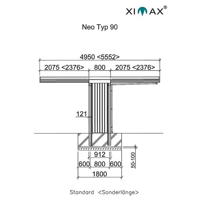 Ximax Carport Neo 90 - Außenmaß inkl. Dachüberstand (B x T): 2,76 x 4,95 m, Einzelcarport - Darstellung des XIMAX Neo Typ 90 Produkts mit Maßangaben, zur Veranschaulichung der Produktabmessungen.