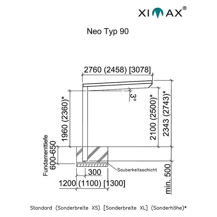 Ximax Carport Neo 90 - Außenmaß inkl. Dachüberstand (B x T): 2,76 x 4,95 m, Einzelcarport - Skizze