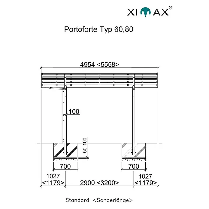 Ximax Portoforte Carport 80 - Außenmaß inkl. Dachüberstand (B x T): 2,7 x 4,95 m, Einzelcarport - Technische Zeichnung des Portoforte Typ 60,80, einer stilvollen und stabilen Überdachungslösung mit präzisen Maßangaben.
