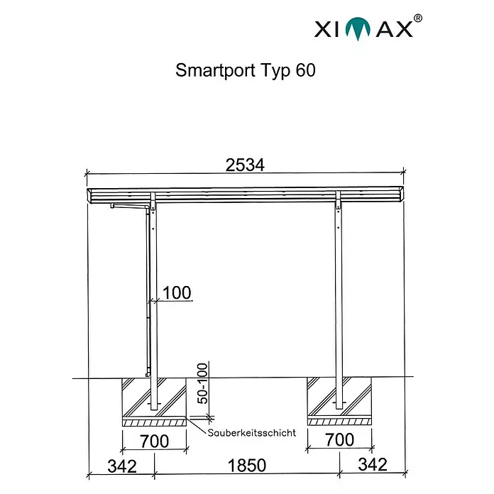 Ximax Smart Port Carport Typ 60 - Außenmaß inkl. Dachüberstand (B x T): 2,1 x 2,53 m, Bikeport - Abbildung eines Smartport Typ 60 mit den Maßen 2534 mm Länge, 700 mm Breite der Fundamente und 1850 mm Abstand zwischen ihnen.