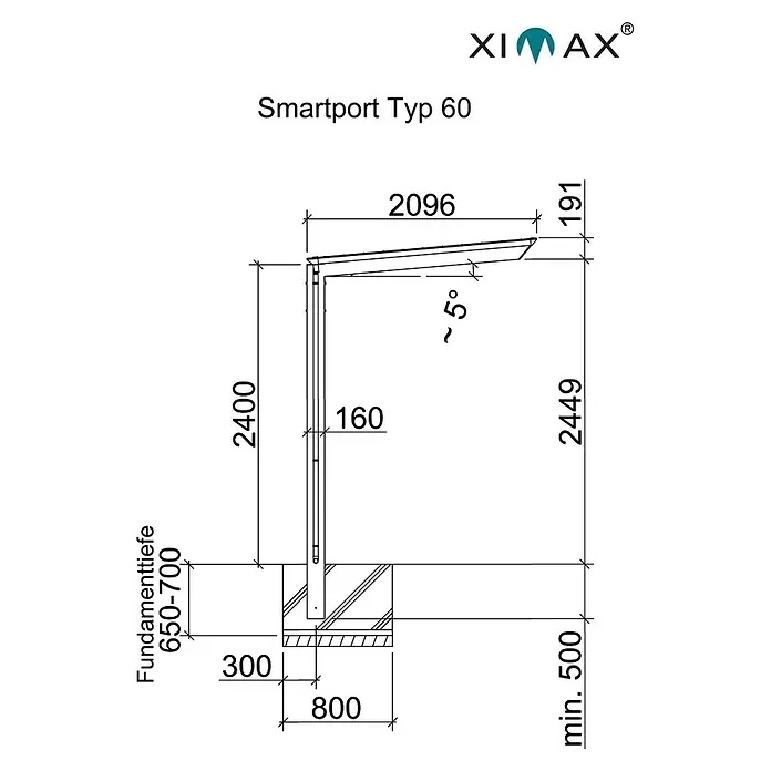 Ximax Smart Port Carport Typ 60 - Außenmaß inkl. Dachüberstand (B x T): 2,1 x 2,53 m, Bikeport - Skizze