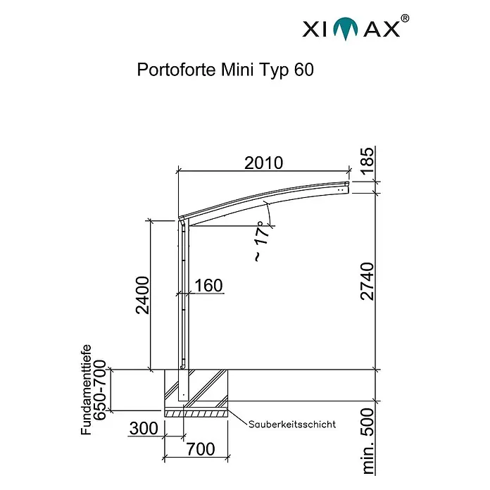 Ximax Portoforte Carport Typ 60 Mini - Außenmaß inkl. Dachüberstand (B x T): 4,04 x 2,54 m, Bikeport, Schwarz - Skizze