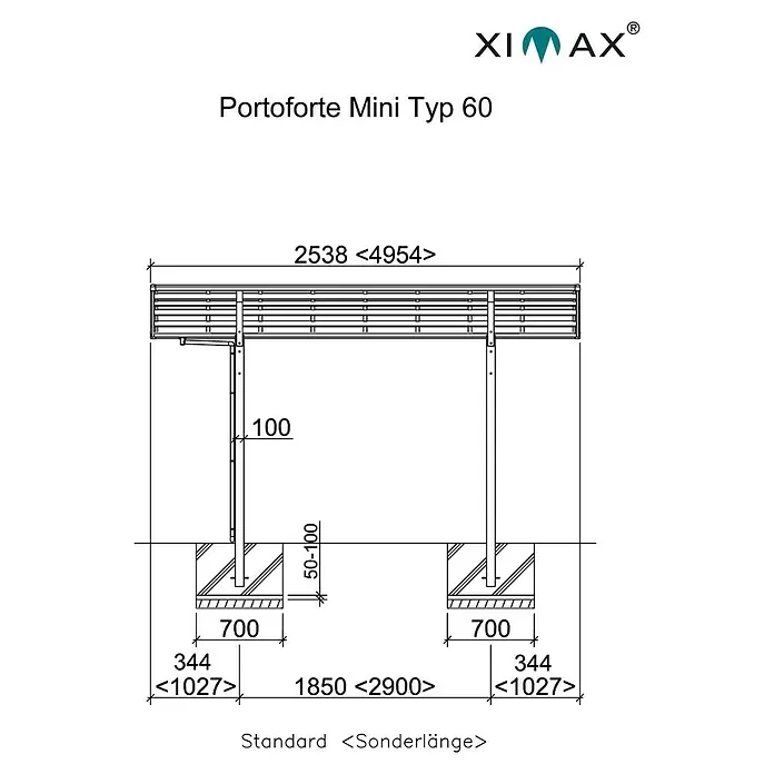 Ximax Portoforte Carport Typ 60 Mini - Außenmaß inkl. Dachüberstand (B x T): 4,04 x 2,54 m, Bikeport, Edelstahloptik - Technische Zeichnung des Portoforte Mini Typ 60, die die Abmessungen und Details des Produkts zeigt.\n