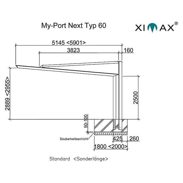 Ximax Carport Miro Next Typ 60 - Außenmaß inkl. Dachüberstand (B x T): 2,33 x 5,15 m, Einzelcarport - Abbildung des My-Port Next Typ 60 Produkts mit Maßangaben.