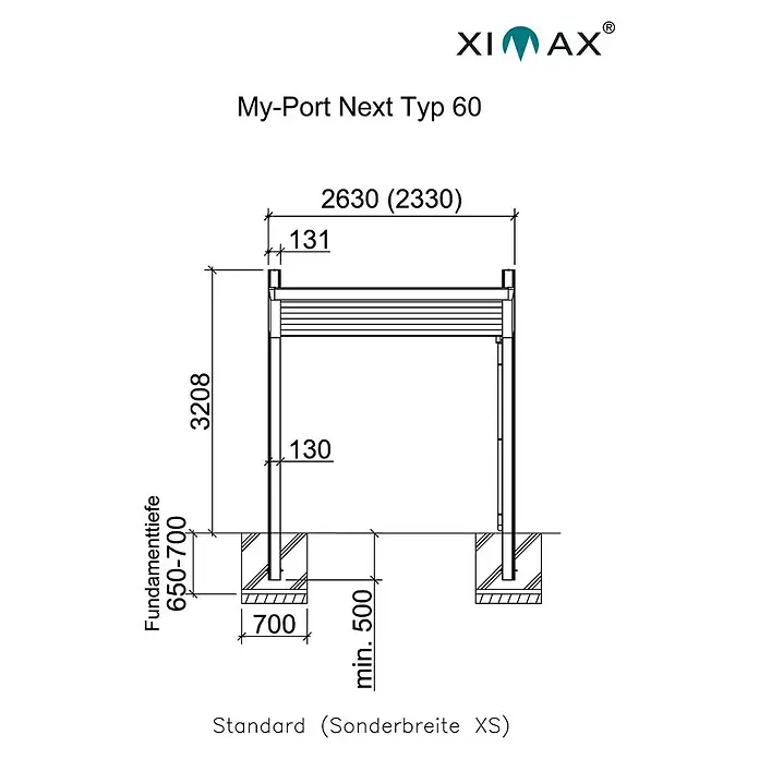 Ximax Carport Miro Next Typ 60 - Außenmaß inkl. Dachüberstand (B x T): 2,33 x 5,15 m, Einzelcarport - Abbildung des My-Port Next Typ 60 mit Maßangaben zu Fundamenttiefe, Höhe und Breite für Standard- und Sonderbreiten.