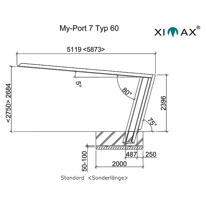 Ximax Carport Miro 7 Typ 60 - Außenmaß inkl. Dachüberstand (B x T): 2,69 x 5,12 m, Einzelcarport, Schwarz/Silber - Technische Zeichnung eines My-Port 7 Typ 60 Carports mit Maßangaben und Winkeln zur detaillierten Produktbeschreibung.
