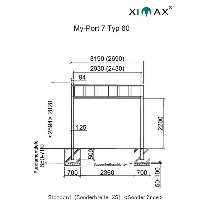 Ximax Carport Miro 7 Typ 60 - Außenmaß inkl. Dachüberstand (B x T): 2,69 x 5,12 m, Einzelcarport, Schwarz/Silber - Technische Zeichnung von My-Port 7 Typ 60 mit Bemaßungen und Details zur Fundamenttiefe und Gesamtbreite.