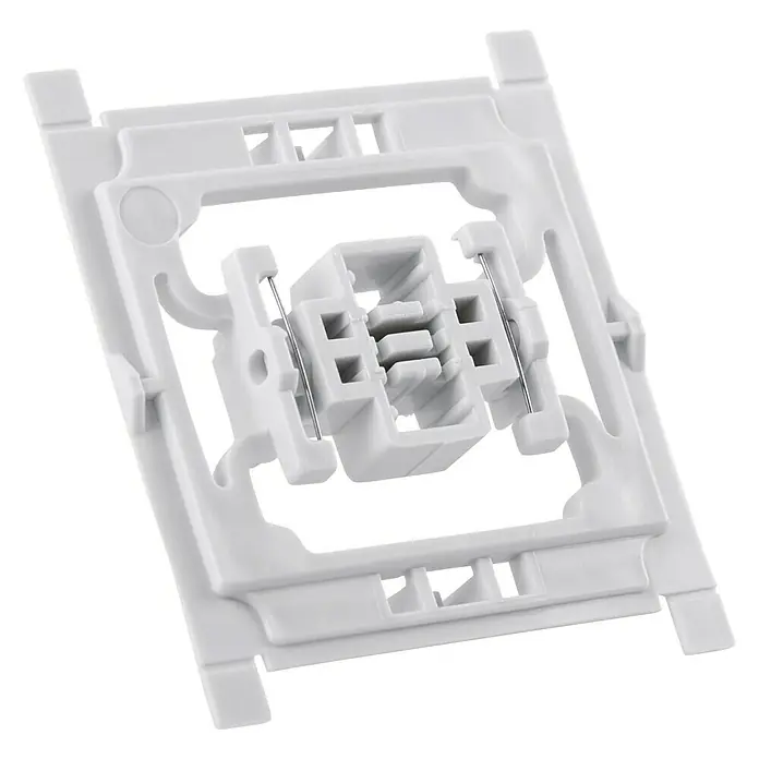 Homematic IP Adapter EQ3-ADA-S - 1 Stk., Passend für: Siemens Schalter DELTA miro/DELTA line/DELTA style - Das Bild zeigt eine weiße Montageplatte für eine elektrische Dose. Die Platte ist quadratisch und hat in der Mitte eine Aussparung für den Einsatz.