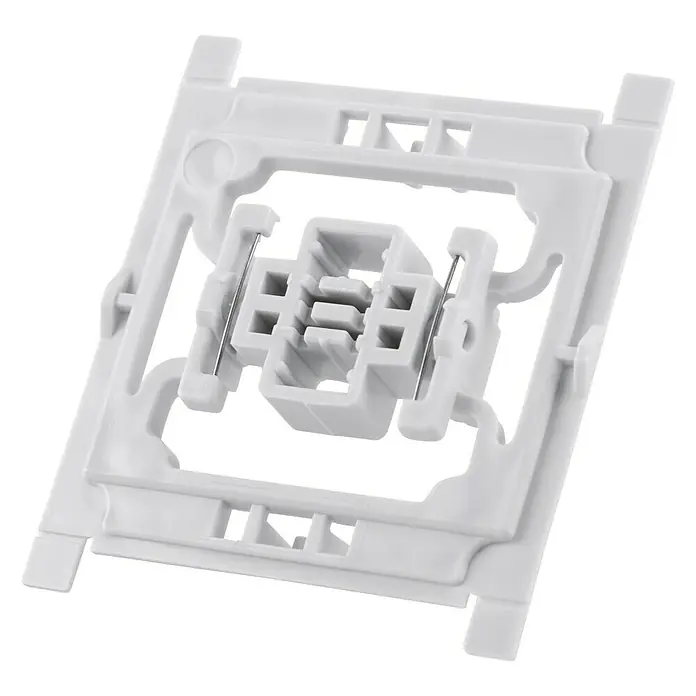 Homematic IP Adapter EQ3-ADA-S - 1 Stk., Passend für: Siemens Schalter DELTA miro/DELTA line/DELTA style - Abbildung eines weißen modularen Keystone-Montagerahmens mit einem zentralen Anschluss für Netzwerkinstallationen.