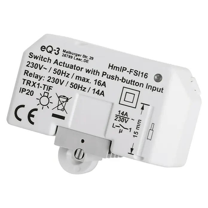 Homematic IP Funkschalter HmIP-FSI16 - Unterputz, 230 V, 16 A, 3.220 W - Nahaufnahme eines weißen eQ-3 HmIP-FSI16 Schaltaktors mit Push-Button-Eingang, der technische Spezifikationen und Zertifizierungen zeigt.