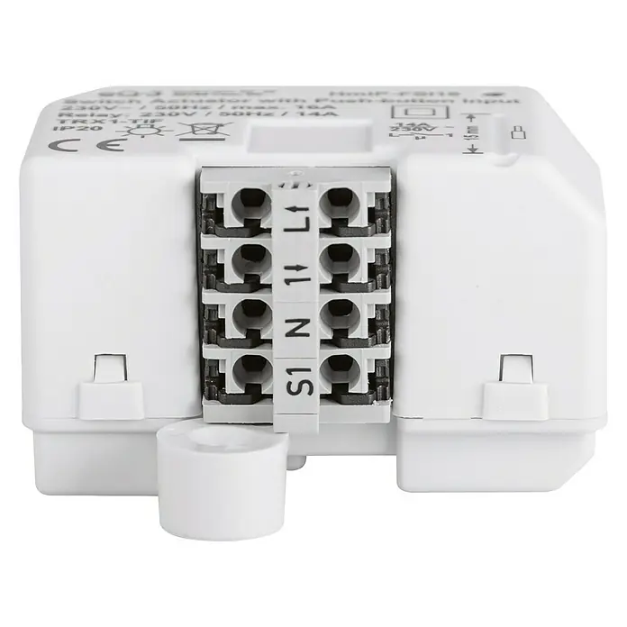 Homematic IP Funkschalter HmIP-FSI16 - Unterputz, 230 V, 16 A, 3.220 W - Nahaufnahme eines weißen Schaltaktors mit Push-Button-Eingang, der die detaillierten Anschlüsse und Spezifikationen zeigt.
