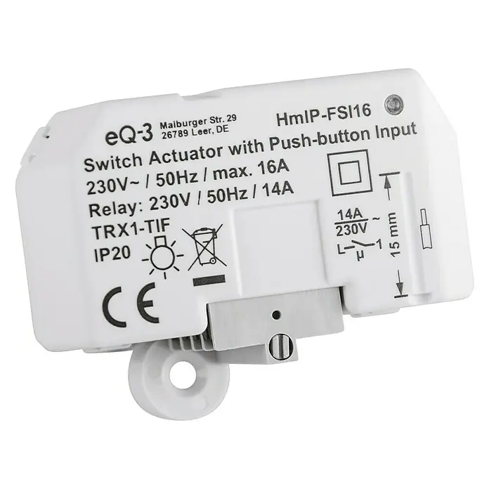 Homematic IP Funkschalter HmIP-FSI16 - Unterputz, 230 V, 16 A, 3.220 W - Produktbild eines eQ-3 HmIP-FSI16 Schaltaktors mit Tastereingang, der eine Spannung von 230V~/50Hz und maximal 16A unterstützt.