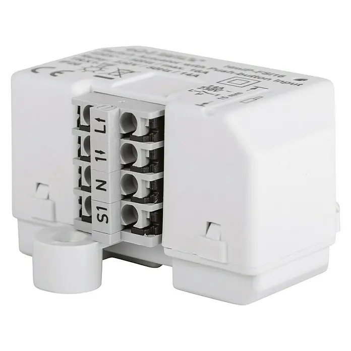 Homematic IP Funkschalter HmIP-FSI16 - Unterputz, 230 V, 16 A, 3.220 W - Nahaufnahme eines weißen HMWiP-FS016-Schalters, der die verschiedenen Anschlüsse und die Beschriftung auf dem Gerät hervorhebt.