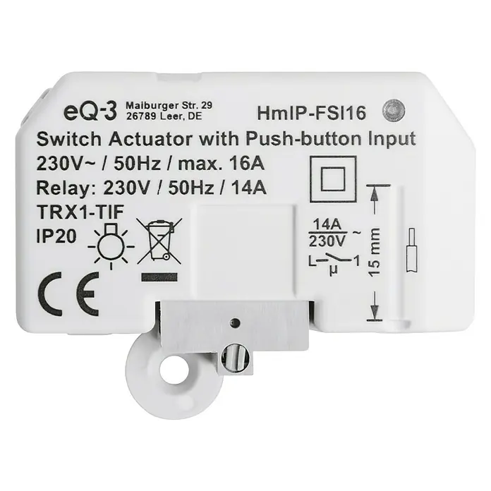 Homematic IP Funkschalter HmIP-FSI16 - Unterputz, 230 V, 16 A, 3.220 W - Nahaufnahme eines eq-3 HmIP-FSI16 Schaltaktors mit Tastereingang, der für 230V~/50Hz/max. 16A ausgelegt ist, mit CE-Kennzeichnung.