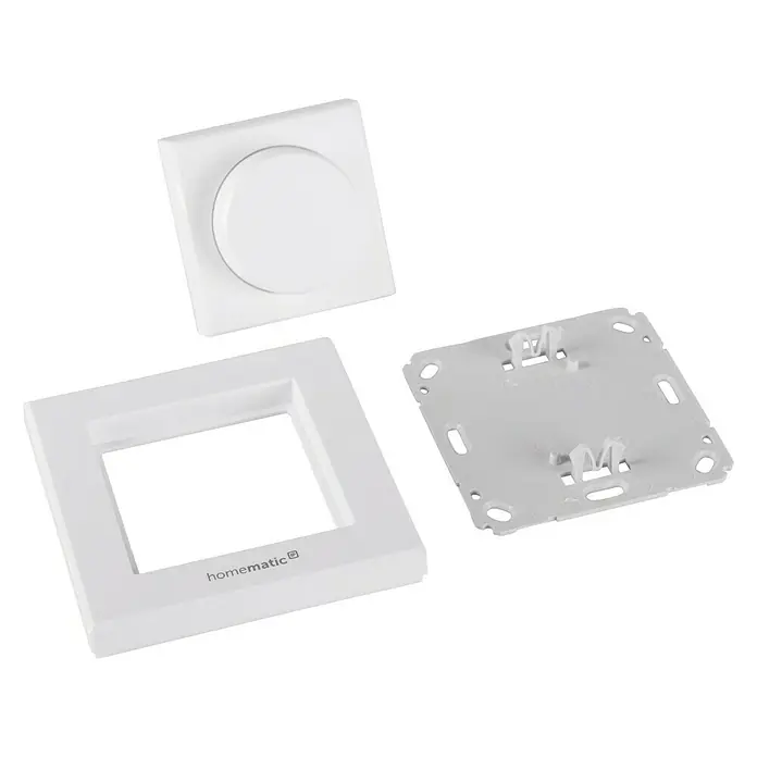 Homematic IP Funk-Wandtaster HmIP-WRCR - Weiß, Batteriebetrieben, 29 x 86 x 86 mm - Das Bild zeigt eine Homematic IP Wandschalter Einzelwippe in Weiß, bestehend aus drei Teilen für die Montage.