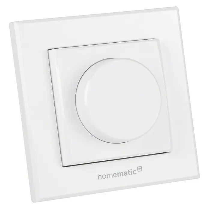 Homematic IP Funk-Wandtaster HmIP-WRCR - Weiß, Batteriebetrieben, 29 x 86 x 86 mm - Nahaufnahme eines Homematic IP Dimmers, der in einem quadratischen, weißen Gehäuse mit Drehknopf eingebaut ist, ideal für die Hausautomation.