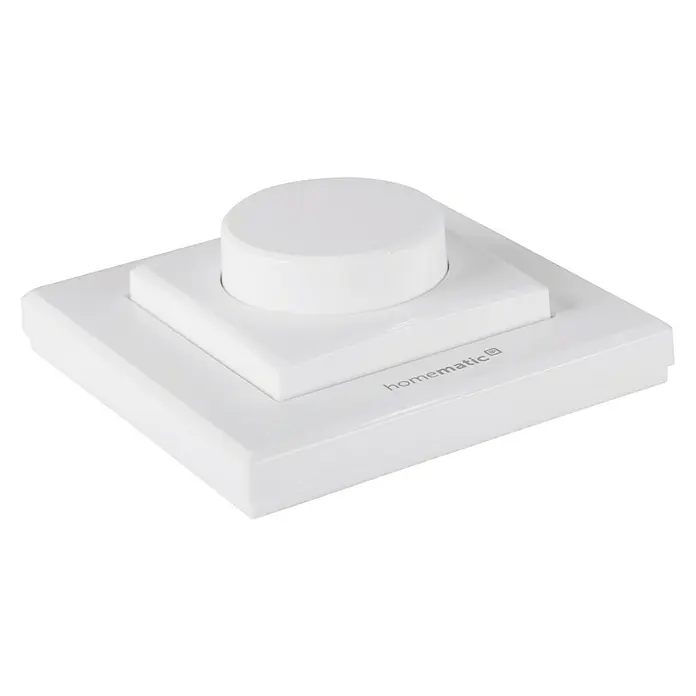 Homematic IP Funk-Wandtaster HmIP-WRCR - Weiß, Batteriebetrieben, 29 x 86 x 86 mm - Nahaufnahme eines Homematic IP Wandschalters mit Drehknopf zur Steuerung von Smart Home Funktionen.
