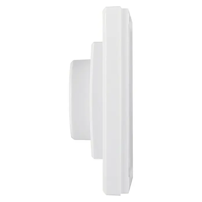 Homematic IP Funk-Wandtaster HmIP-WRCR - Weiß, Batteriebetrieben, 29 x 86 x 86 mm - Seitenansicht einer weißen Wand-Lüftungssteuerung. Die Steuerung hat ein rundes Einstellrad und ein quadratisches Gehäuse.