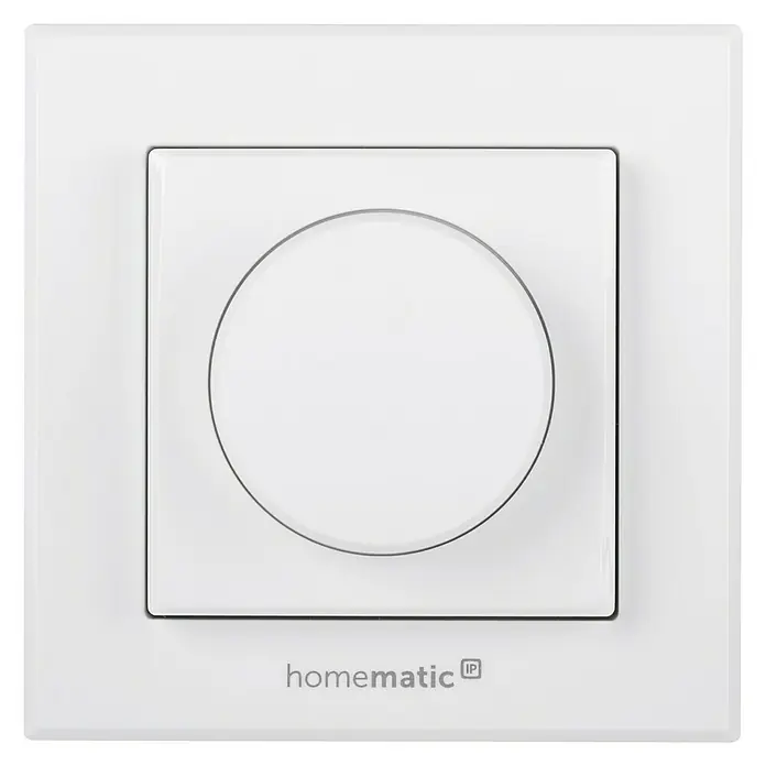 Homematic IP Funk-Wandtaster HmIP-WRCR - Weiß, Batteriebetrieben, 29 x 86 x 86 mm - Nahaufnahme eines Homematic IP-Wandschalters mit Drehknopf zur Steuerung von Smart-Home-Funktionen in Weiß.