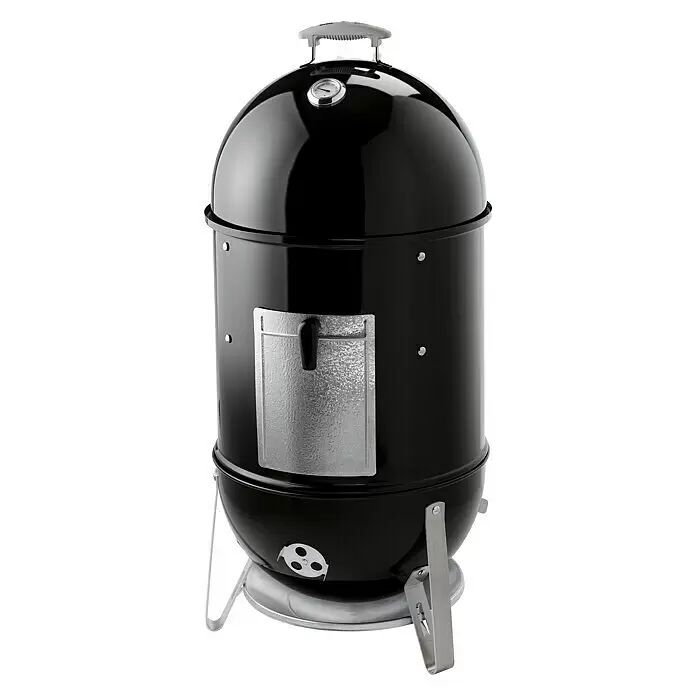 Weber Ahumador Mountain Cooker - Diámetro de la superficie de la parrilla: 47 cm, Negro - Parrilla ahumadora negra con detalles plateados, termómetro integrado y puerta lateral.