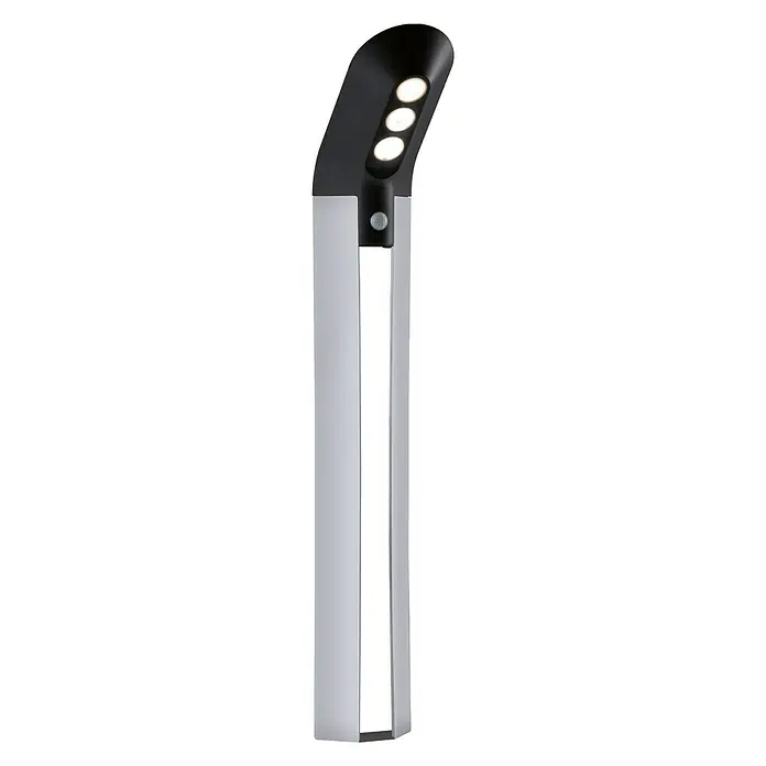 Paulmann Soley LED-Außenwegleuchte - Warmweiß, IP44, Anthrazit - Elegante Stehlampe mit schlankem, silberfarbenem Rahmen und drei integrierten LEDs im schwarzen Lampenkopf für stilvolle Beleuchtung.