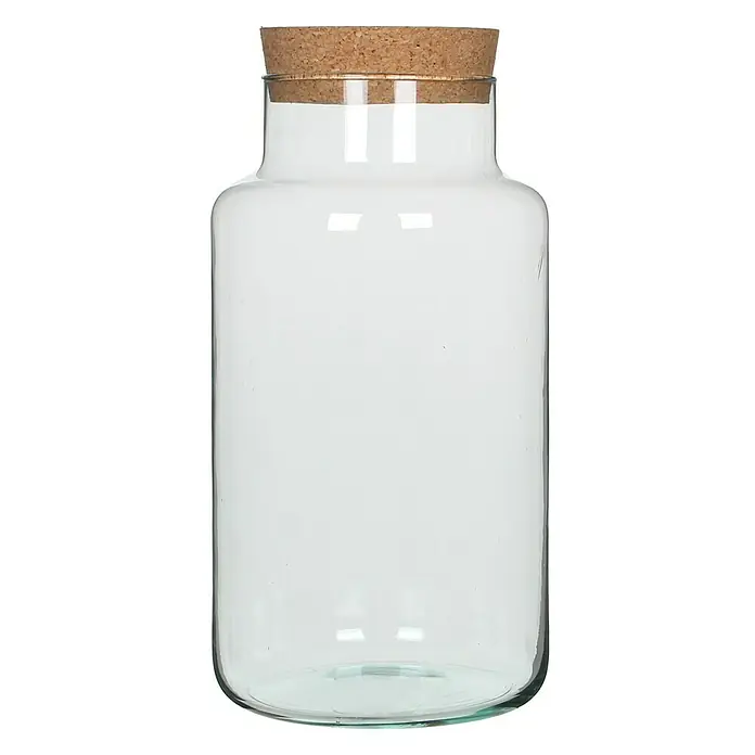 Jarrón Chela - Ø x Al: 19 x 36 cm, Vidrio, Transparente - Un tarro de vidrio transparente con una tapa de corcho en la parte superior, ideal para almacenar diversos artículos.