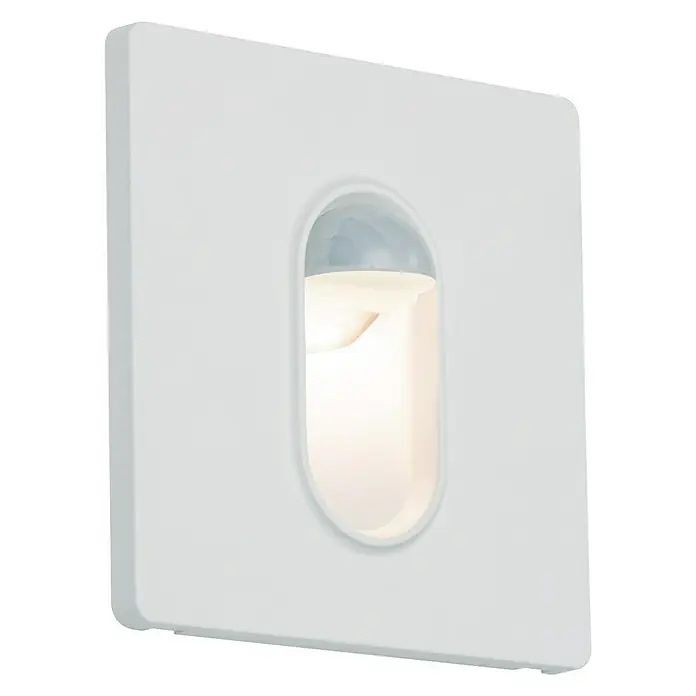 Paulmann LED-Einbauleuchte eckig - 2,7 W, Weiß, L x B: 7,8 x 7,8 cm, Eckig - Nahaufnahme einer modernen, quadratischen LED-Wandleuchte in Weiß mit einem Bewegungssensor.