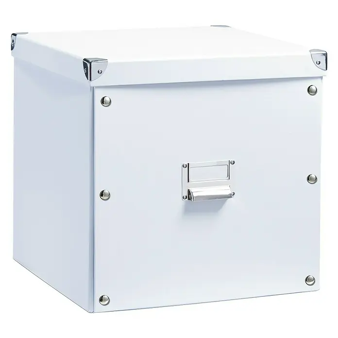 Zeller Present Caja de almacenaje - L x An x Al: 335 x 330 x 320 mm, Blanco - Caja de archivo blanca con asa y esquinas metálicas para guardar documentos u otros objetos.