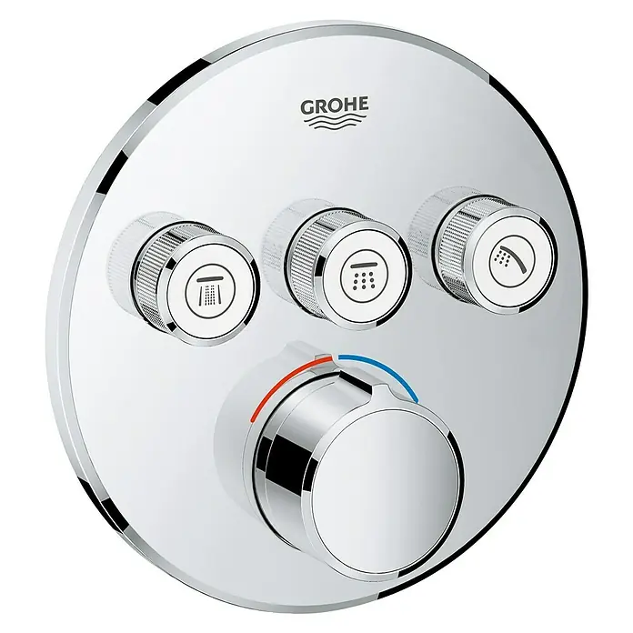 Grohe SmartControl UP-Brausearmatur - Anzahl Absperrventile: 3 Stk., Rund, Chrom, Glänzend - Nahaufnahme einer Grohe-Duscharmatur mit mehreren Knöpfen zur Steuerung verschiedener Duschfunktionen.