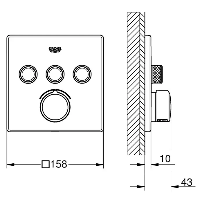 Grohe SmartControl UP-Brausearmatur - Anzahl Absperrventile: 3 Stk., Eckig, Chrom, Glänzend - Produktabbildung einer quadratischen Grohe Armatur mit runden Bedienelementen und Maßangaben.