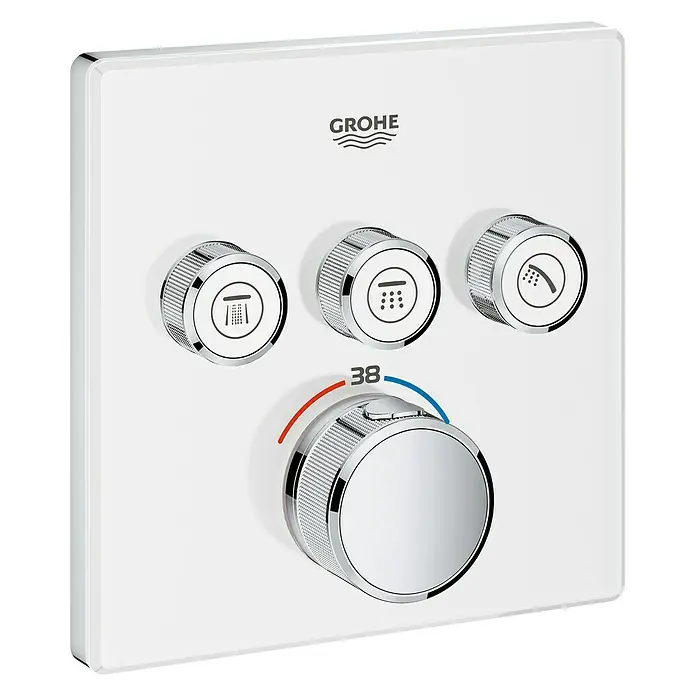 Grohe Grohtherm SmartControl UP-Thermostatarmatur - Anzahl Absperrventile: 3 Stk., Eckig, Moon White, Glänzend - Nahaufnahme einer Grohe Duscharmatur mit Temperaturregler und Auswahlknöpfen für verschiedene Duschfunktionen.