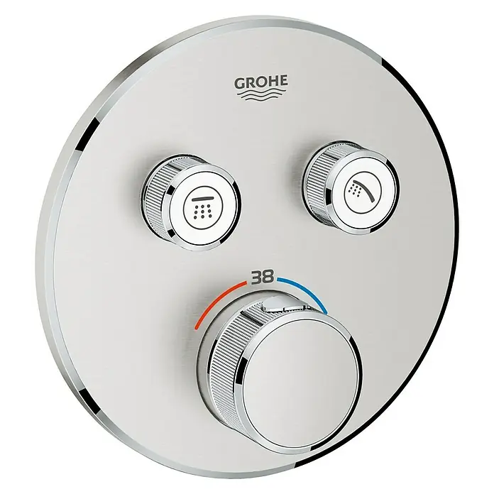 Grohe Grohtherm SmartControl UP-Thermostatarmatur - 2 Stk., Rund, Supersteel, Matt - Nahaufnahme eines Grohe Duschthermostats mit Temperaturregler und zwei Funktionsknöpfen.
