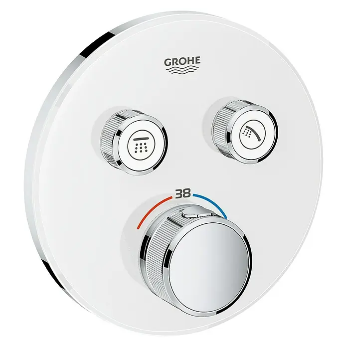 Grohe Grohtherm SmartControl UP-Thermostatarmatur - 2 Stk., Rund, Moon White, Glänzend - Nahaufnahme eines Grohe Duschthermostats mit Temperaturregler, Wassermengeneinstellung und Auswahlschalter.