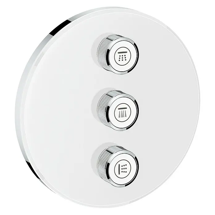Grohe Grohtherm SmartControl UP-Ventil - Moon White/Chrom, Glänzend, Rund - Nahaufnahme eines runden, weißen Duschpaneels mit drei chromfarbenen Knöpfen zur Steuerung verschiedener Duschfunktionen.
