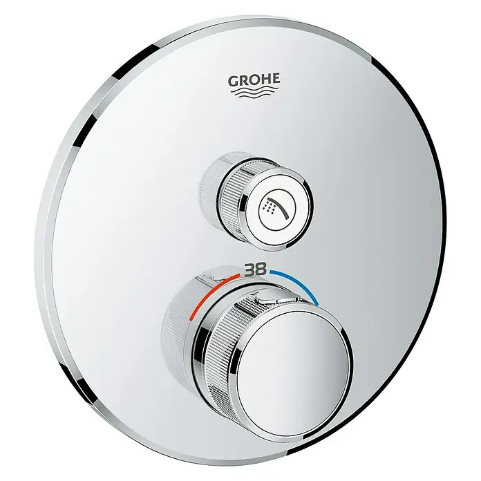 Grohe Grohtherm SmartControl UP-Thermostatarmatur - 1 Stk., Rund, Chrom, Glänzend - Nahaufnahme des Grohe Euphoria Duschsystems, das moderne Design und Funktionalität vereint, um ein luxuriöses Duscherlebnis zu bieten.
