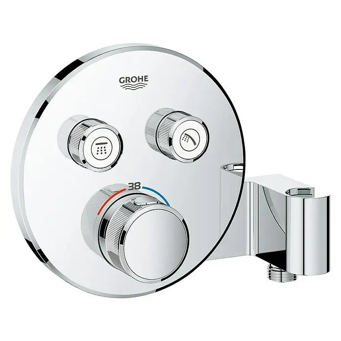 Grohe Grohtherm SmartControl UP-Thermostatarmatur - Rund, Chrom, Glänzend - Abgebildet ist eine Grohe Duscharmatur mit runder Chromblende, Drehknöpfen und Temperaturregler. Das Produkt steht für Qualität und modernes Baddesign.