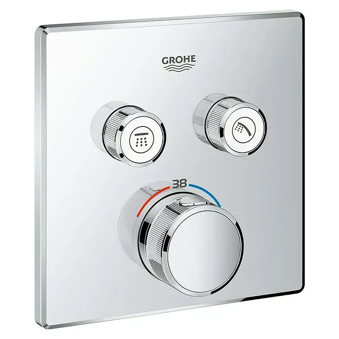 Grohe Grohtherm SmartControl UP-Thermostatarmatur - Anzahl Absperrventile: 2 Stk., Eckig, Chrom, Glänzend - Nahaufnahme eines eleganten Grohe Duschthermostats mit Temperaturregler und Auswahltasten für verschiedene Duschfunktionen.
