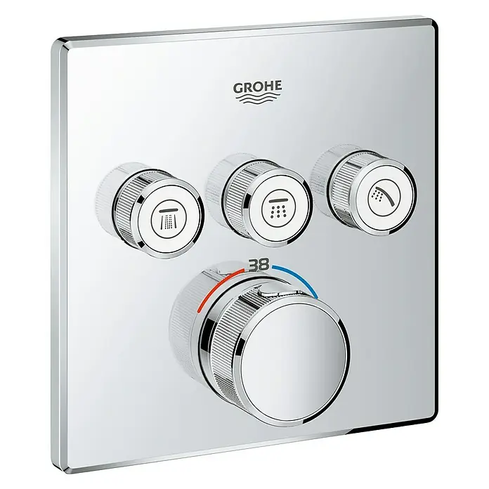 Grohe Grohtherm SmartControl UP-Thermostatarmatur - Anzahl Absperrventile: 3 Stk., Eckig, Chrom, Glänzend - Nahaufnahme eines Grohe Duschthermostats mit mehreren Knöpfen und Temperaturregler.