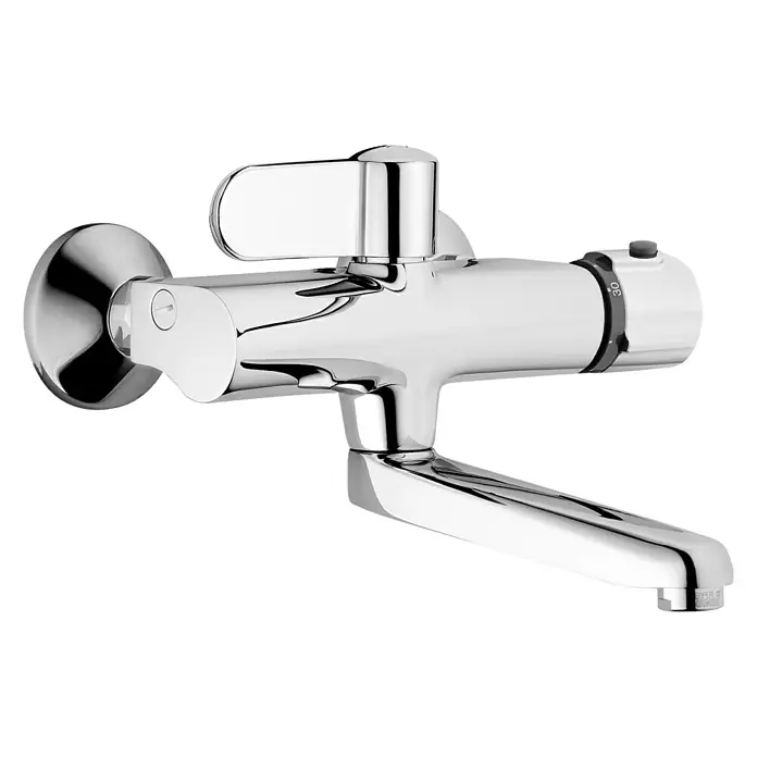 Hansa Tempra Waschtischarmatur - Chrom, Glänzend, Ausladung: 245 mm - Produktbild einer verchromten Küchenarmatur mit Temperaturregler und Hebel zur Wasserkontrolle.